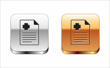 Black Medical clipboard with clinical record icon isolated on white background. Prescription, medical check marks report. Silver and gold square buttons. Vector