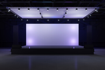 Empty stage Design for mockup and Corporate identity,Display.Platform elements in hall.Blank screen system for Graphic Resources.Scene event led night light staging.3d Background for online.3 render.