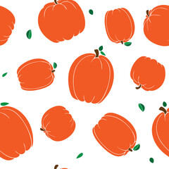 Hand Drawn Colorful Different Varieties of Pumpkins with Leaves Seamless Pattern Isolated on White Background. Vector illustration of elegant pumpkins for fabric, cover, textile, kitchen supply.