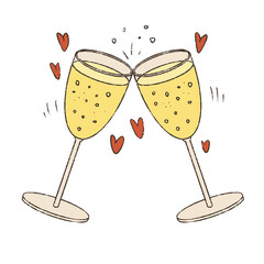 Two glasses of champagne. Design for a postcard or invitation to a wedding. Valentine. Romantic date.