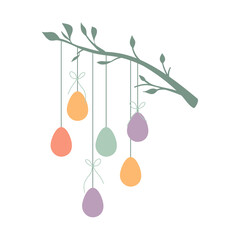 Poster with Easter eggs tied branch in pastel colors. Colorful illustration with minimalistic eggs. Vector