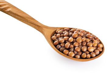Wooden spoon with canned lentils isolated on white background. With clipping path.