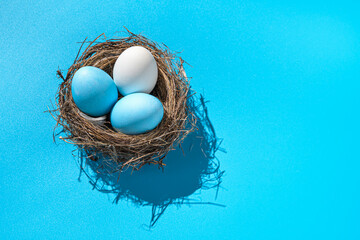 Three Easter eggs in a nest with a hard shadow on a blue background.