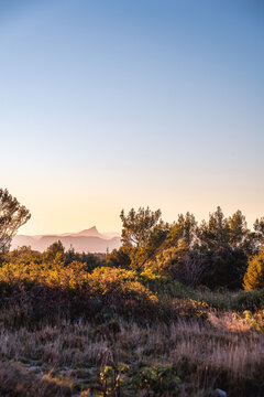 View of the Pic Saint Loup on a winter afternoon form the hill of La Liqui&egrave;re, Calvisson, Gard, South of France