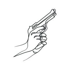Continuous line art drawing of hand holding gun