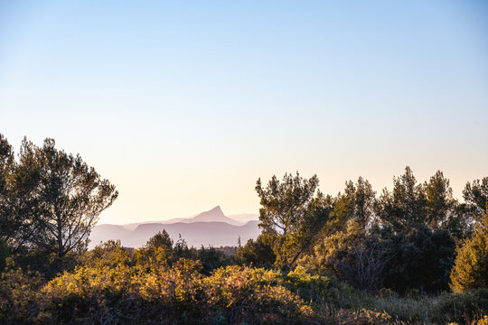 View of the Pic Saint Loup on a winter afternoon form the hill of La Liqui&egrave;re, Calvisson, Gard, South of France