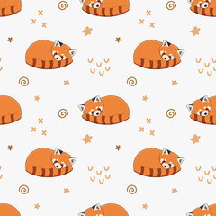 Seamless pattern of cute red panda. Cartoon design animal character flat vector style. Baby texture for fabric, wrapping, textile, wallpaper, clothing.