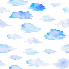 Fototapeta na wymiar Seamless pattern of clouds for kids design light blue color, watercolor background