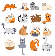 Big set of cute cartoon multi-colored cats. FStriped and spotted funny cats sitting, lying down, playing, sleeping. Happy pet. Vector illustration isolated on white background. 