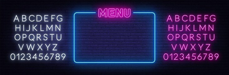 Menu neon sign on brick wall background