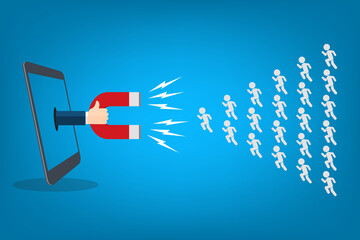 Smartphone screen with hand holding magnet attract new customers icons. Flat social media inbound marketing concept