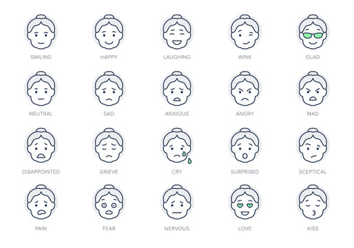 Grandma emoticons line icons. Vector illustration include icon - mental health, worry, disappointed outline pictogram for elderly woman character expression. Green Color, Editable Stroke