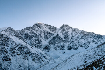 Fototapeta na wymiar Greater Caucasus Range. Glacier Seven on mount Donguz-Orun in Elbrus region. Winter landscape