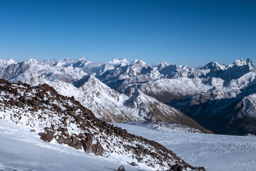 Greater Caucasus is the major mountain range of the Caucasus Mountains. View from Mount Elbrus on a clear day