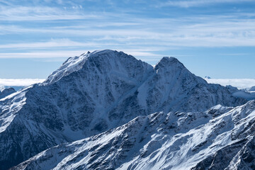 Greater Caucasus Range.  Glacier Seven on mount Donguz-Orun, view from Elbrus mountain. Winter landscape.
