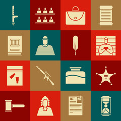 Set Old hourglass with sand, Hexagram sheriff, Suspect criminal, Briefcase, Prisoner, Law book, Police rubber baton and Feather pen icon. Vector