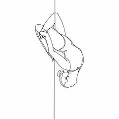 Continuous one simple single abstract line drawing of beautiful woman pole dancer making a pose icon in silhouette on a white background. Linear stylized.