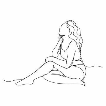 Continuous One Simple Single Abstract Line Drawing Of Woman With Perfect Body Icon In Silhouette On A White Background. Linear Stylized.