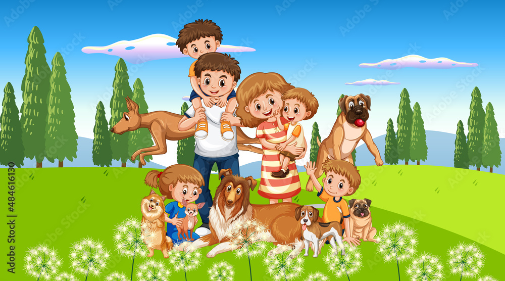 Canvas Prints outdoor scene with happy family and dogs