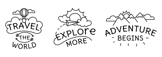 A set of icons with the text of the journey. Travel the world, explore more, the adventure begins. Isolated on a white background in the style of doodle, cartoon, line.