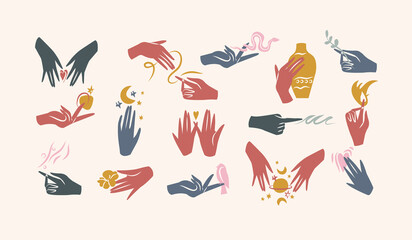 Vector illustration - female hands in in different gestures. Abstract symbol for cosmetics and packaging or beauty products.