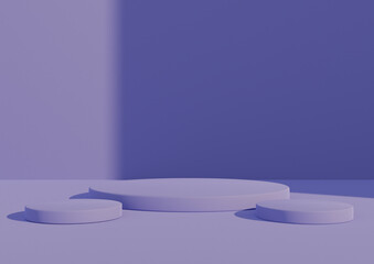 3D rendering of product display with three podiums or stands. Simple, minimal pastel violet composition with window light coming from right side. Good for  cosmetic products 