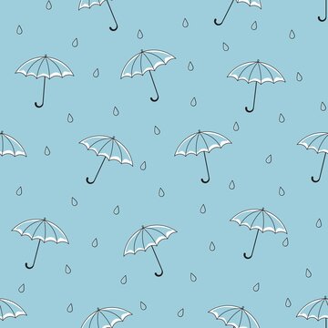 Seamless pattern with umbrellas and rain drops. Vector illustration