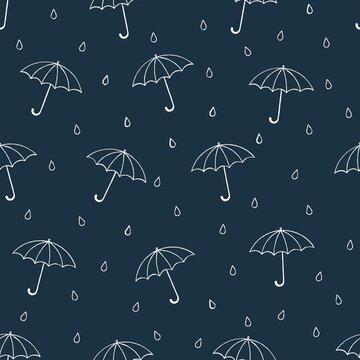 Seamless pattern with white chalk outline umbrellas and rain drops. Vector illustration