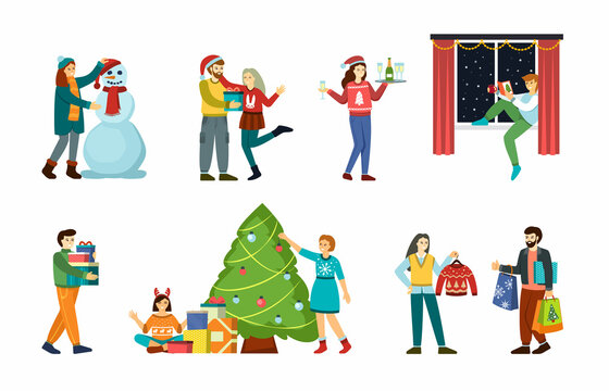 xmas celebration. happy people in winter season with gifts and christmas tree decorated. vector set