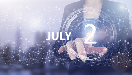 July 2nd. Day 2 of month, Calendar date. Hand click luminous hologram calendar date on light blue town background. Summer month, day of the year concept.