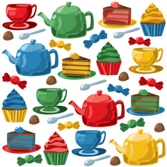 Tea drinking pattern, with sweets and tea.