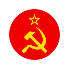 Sickle and hammer with star graphic icon. Element flag of USSR in the red circle isolated on white background. Symbol of communism. Vector illustration