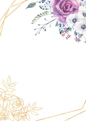 Geometric floral frame with purple roses and anemones on a white isolated background. Hand-drawn watercolor illustration