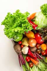 Organic fresh food, vegetables, ecologically food delivery concept. Close-up, top view, vertical.