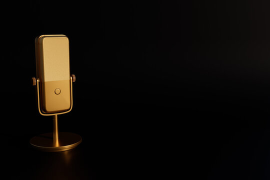 Gold microphone isolated on black background. Modern golden mike. 3d rendering illustration.