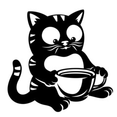 Cat with a cup of coffee on a white background.