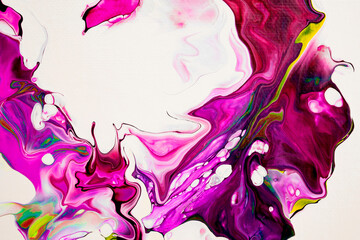 Bright spills of purple, pink, red, yellow colors on a white background. Modern abstract painting. An edited fragment of a work of art. Abstract colorful painting with liquid acrylic on canvas. 