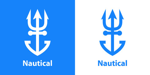 Logotipo con texto Nautical con ancla de barco con forma de tridente con líneas en fondo azul y fondo blanco - obrazy, fototapety, plakaty