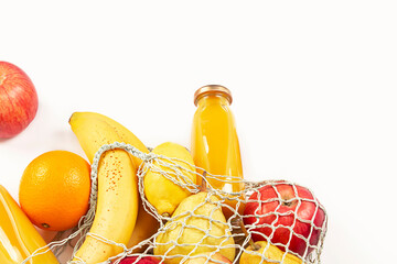 String bag with fruits, ecologically fresh food, healthy lifestyle. Close-up.