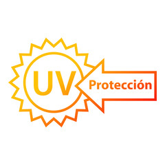 Concepto vacaciones de verano. Crema solar. Logotipo lineal con silueta de sol con texto UV Protección en español en flecha en color amarillo