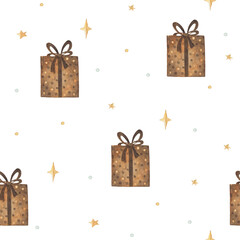 Seamless watercolor pattern of brown gift boxes with gold abstract stars elements on a white background. Layout for card, invitation, wallpaper, wrapping paper, textile. Idea for wedding,St.Valentine.