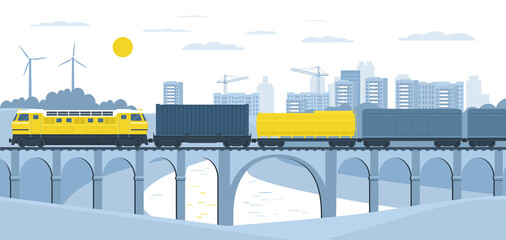 Freight train rides over the bridge against the backdrop of the forest, river and city on the horizon. .Vector illustration. © lyudinka