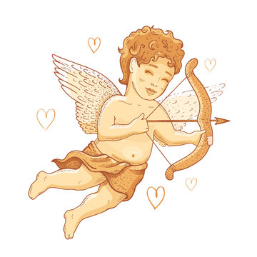recommend clip art: Doodle cupid cherub for Valentine say card, wedding invitation, logo design. Cute cartoon angel with bow, arrow, flying hearts. Vintage sketch cupid, watercolor drawing. vector illustration isolated