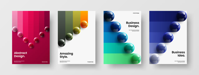 Minimalistic realistic balls pamphlet illustration bundle. Premium journal cover A4 design vector template set.