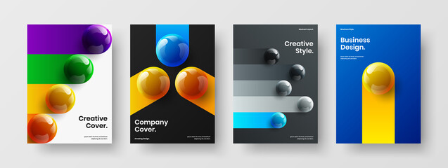 Colorful 3D spheres postcard concept composition. Fresh corporate cover vector design template set.