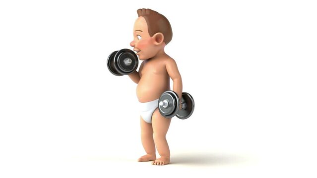 Fun 3D cartoon of a baby lifting weights