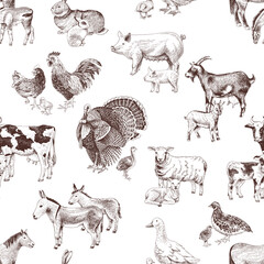 Seamless pattern with cute hand drawn farm animals