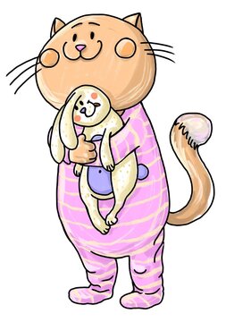 Adorable little kitten in a pink pajamas hugging a soft bunny toy. Hand drawn cartoon illustration for kids isolated on a white background. Bedtime. Christmas morning. 