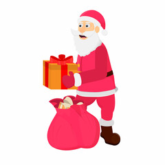 Santa Claus gives a gift. Bag of Christmas gifts, vector illustration