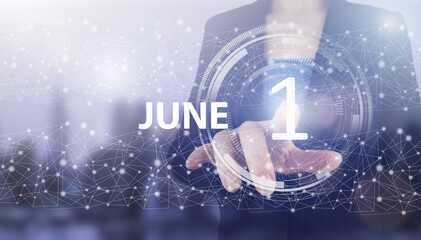 Plakat June 1st . Day 1 of month, Calendar date. Hand click luminous hologram calendar date on light blue town background. Summer month, day of the year concept.